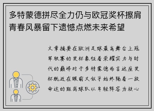 多特蒙德拼尽全力仍与欧冠奖杯擦肩青春风暴留下遗憾点燃未来希望
